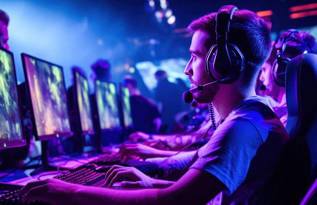 Een aantal esportsers zit met een koptelefoon op achter hun computers in een fel verlichte, blauw-paarse club.