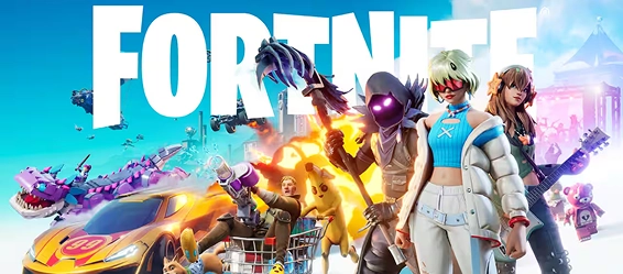 De personages uit Fortnite vallen uit de lucht tegen de achtergrond van een kleurrijk eiland en een voorbijvliegende gevechtsbus.