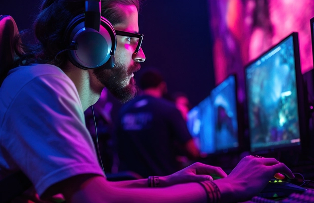 Een jongeman met een bril en een headset speelt geconcentreerd een computerspel, verlicht door roze neonlicht.