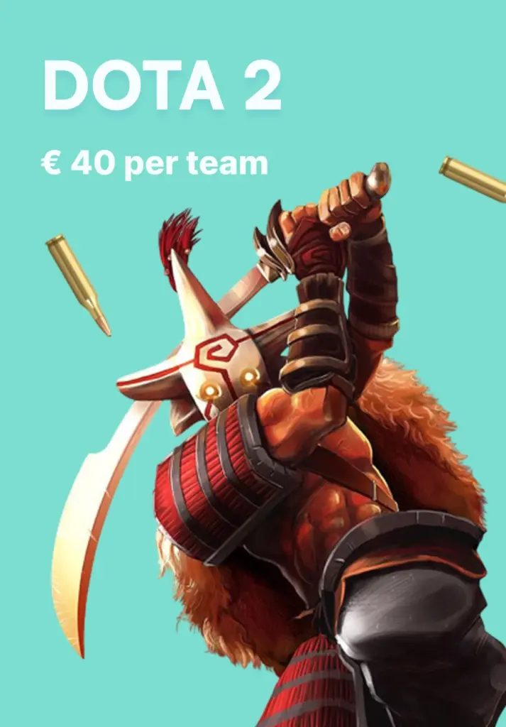 Een krijger met een masker en een rood harnas, die met een zwaard in de lucht springt te midden van rondvliegende hulzen.