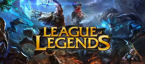 Een gestileerde tekst ‘League of Legends’ met gouden letters en een magische gloed in het midden.