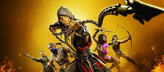 De vechters uit Mortal Kombat, waaronder Scorpion en Sub-Zero, poseren tegen een felgele achtergrond.