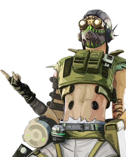 Het personage Octane, met een masker en beenprothesen, poseert op zijn kenmerkende manier.