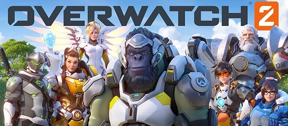Het team van Overwatch 2-personages, met Winston in het midden, tegen een achtergrond van een groen landschap en de lucht.